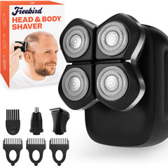 Freebird FlexSeries Pro Electric Head Shaver - Fast Smooth Head Shaver Wet/Dry Shaving Anti-Pinch Rotary Electric Razor USB Rechargeable Cordless 4 Flexible Blades Ideal Gifts for Bald Men