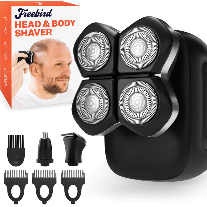 Freebird FlexSeries Pro Electric Head Shaver - Fast Smooth Head Shaver Wet/Dry Shaving Anti-Pinch Rotary Electric Razor USB Rechargeable Cordless 4 Flexible Blades Ideal Gifts for Bald Men