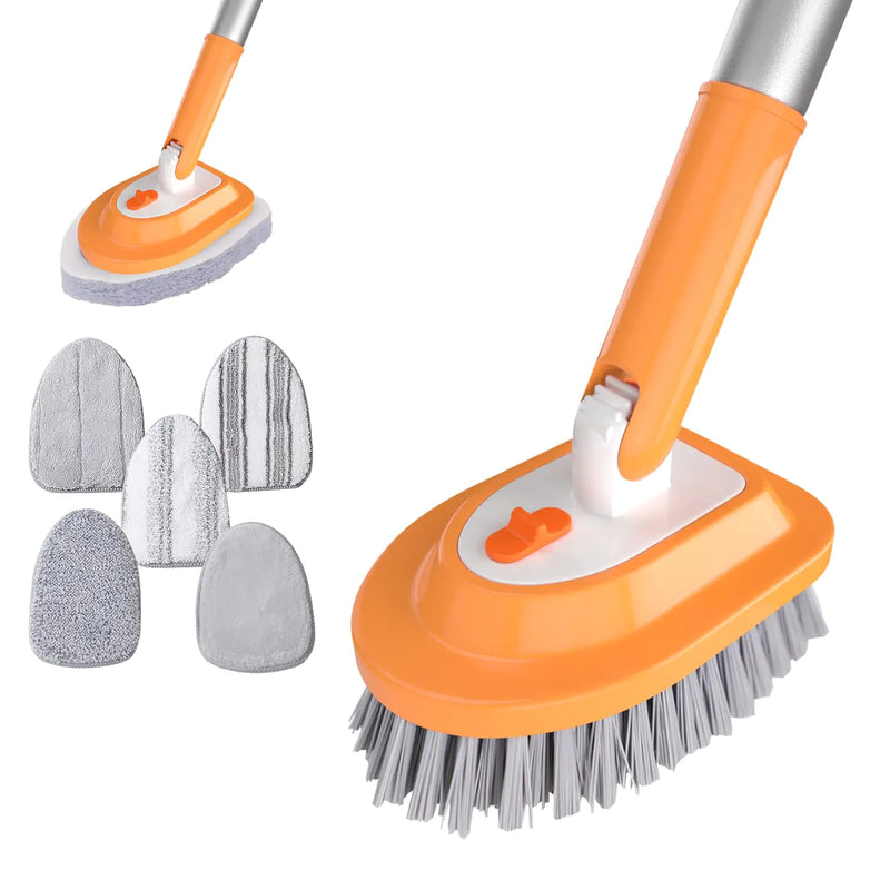 4 in 1 Shower Cleaning Brush with Long Handle Bathtub Cleaning Brush with 1 V-Shaped Brush Head 6 Different Function Cleaning Pads for Cleaning Bathroom Kitchen Toilet WallBathtubSink (Yellow)